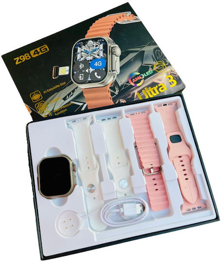 Z98 Smartwatch with SIM and Heart Rate Monitor (Pink - Set of 4 straps)
