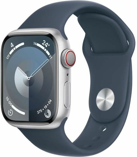 Apple Watch Series 9 Cellular Aluminium 41mm Waterproof with Heart Rate Monitor (Silver with Storm Blue Sport Band (S/M)) view 1