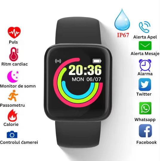 Smartwatch Fitness Bracelet D&k Call Sms Social Media Notifications Physical Activity Monitoring Sleep Heart Rate Pedometer Music Player Black view 3