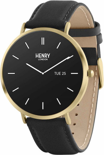 Henry London Smart Stainless Steel 43mm Smartwatch with Heart Rate Monitor (Gold & Black Leather) view 1