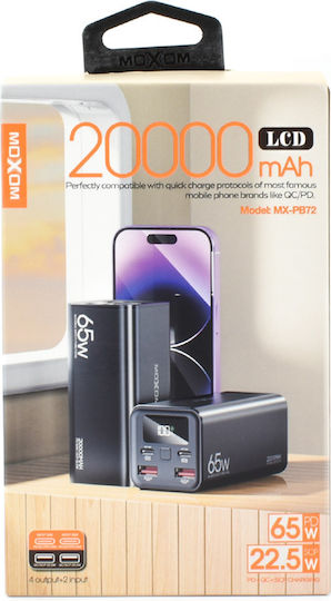 Moxom PB72 Power Bank 20000mAh 65W with 2 USB-A Ports and 2 USB-C Ports Power Delivery Black vue 3