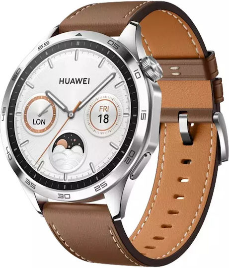 Huawei Watch GT 4 Stainless Steel 46mm Waterproof with Heart Rate Monitor (Brown Leather Strap) view 2