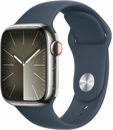 Apple Watch Series 9 Cellular Stainless Steel 41mm Waterproof with Heart Rate Monitor (Silver with Storm Blue Sport Band (S/M)) view 1