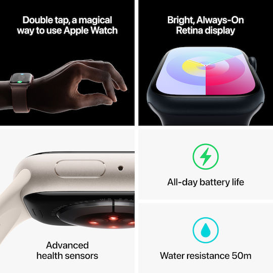 Apple Watch Series 9 Aluminium 45mm Waterproof with Heart Rate Monitor (Starlight with Starlight Sport Band (S/M)) view 9