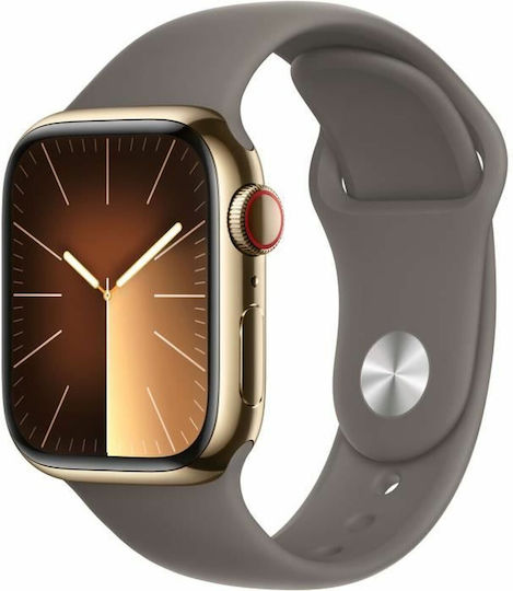 Apple Watch Series 9 Cellular Stainless Steel 41mm Waterproof with eSIM and Heart Rate Monitor (Gold with Clay Sport Band (S/M)) view 1