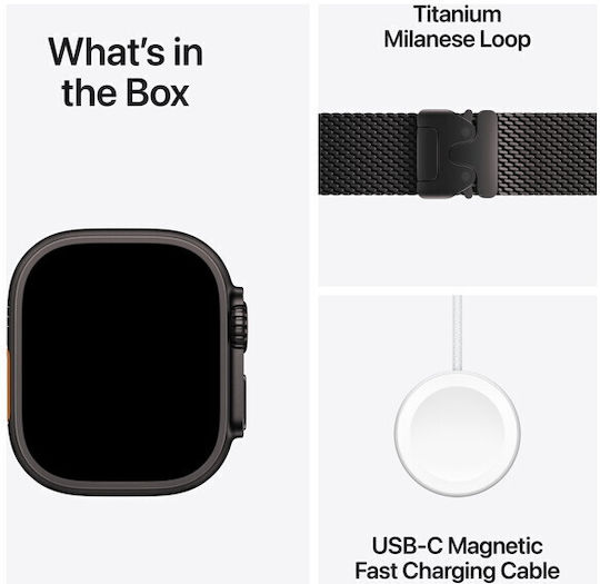 Apple Watch Ultra 2 Titanium 49mm Waterproof with eSIM and Heart Rate Monitor (Black with Black Titanium Milanese Loop - Small) view 5