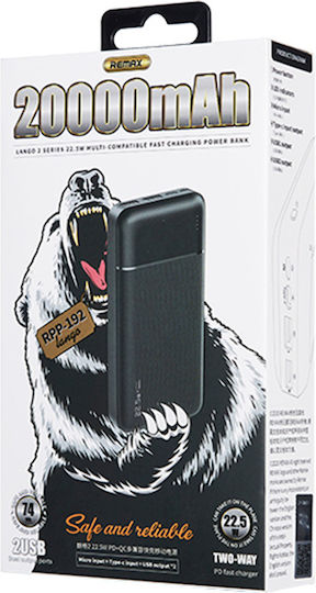Remax RPP-192 Power Bank 20000mAh 22.5W with 2 USB-A Ports and USB-C Port Power Delivery / Quick Charge 3.0 Black view 3