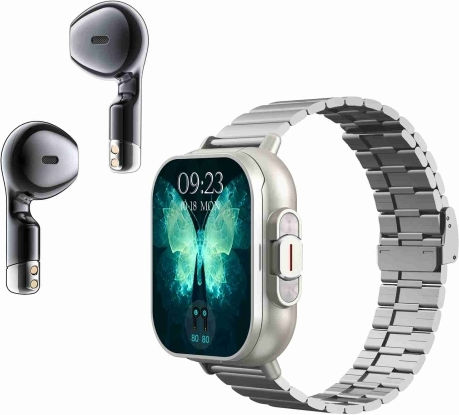 D8 2.01 Inch 2 In 1 Bluetooth Earphone Steel Band Smart Watch Support Health Monitoring Nfc Silver