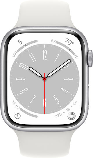 Apple Watch Series 8 Aluminium 45mm Waterproof with Heart Rate Monitor (Silver with White Sport Band) view 1