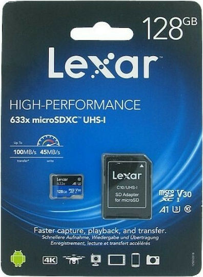 Lexar High-Performance 633x microSDXC 128GB U3 V30 A1 UHS-I 100MB/s With Adapter view 3