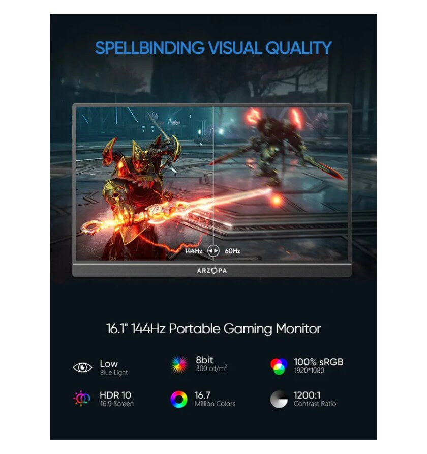 Arzopa Z1FC IPS HDR Portable Monitor 16.1" FHD 1920x1080 144Hz Silver vue 7
