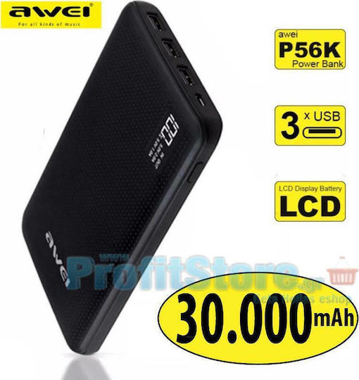 Awei P56K Power Bank 30000mAh with 3 USB-A Ports Black view 5
