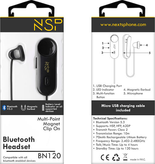 NSP BN120 Earbud Bluetooth Handsfree Earphone Lapel Black view 2