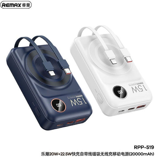 Remax RPP-519 Lecho Series Power Bank 20000mAh 22.5W with USB-A Port and USB-C Port Power Delivery White view 3