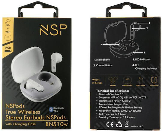 NSP Nspods BN510W Earbud Bluetooth Handsfree Earphones with Sweat Resistance and Charging Case White view 6