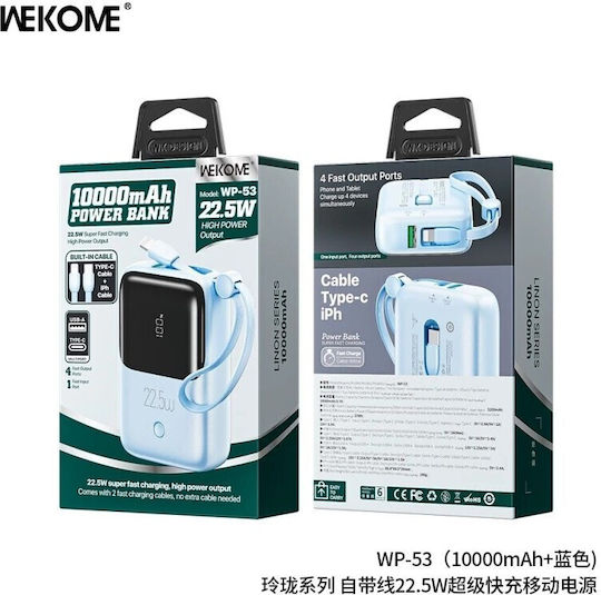WK WP-53 Power Bank 10000mAh 22.5W with USB-A Port and USB-C Port Light Blue view 4
