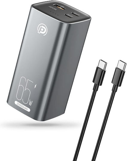 Power Bank 20000mAh 65W with USB-A Port and 2 USB-C Ports Power Delivery Gray