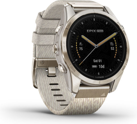 Garmin epix Pro Sapphire Edition Titanium Waterproof Smartwatch with Heart Rate Monitor (Soft Gold with Cream Heathered Nylon) vue 3