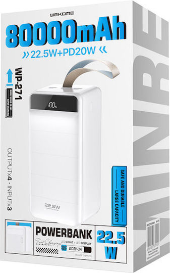 WK WP-271 Power Bank 80000mAh 22.5W with 3 USB-A Ports and USB-C Port Power Delivery / Quick Charge 3.0 Minre White vue 4