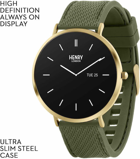 Henry London Smart Stainless Steel 43mm Smartwatch with Heart Rate Monitor (Gold & Forest Silicone) view 7