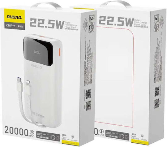 Dudao K15Pro Power Bank 20000mAh 22.5W with USB-A Port and USB-C Port Power Delivery White view 2