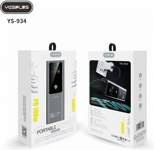 Yesplus YS-934 Power Bank 20000mAh 100W with 2 USB-A Ports and USB-C Port Power Delivery Black