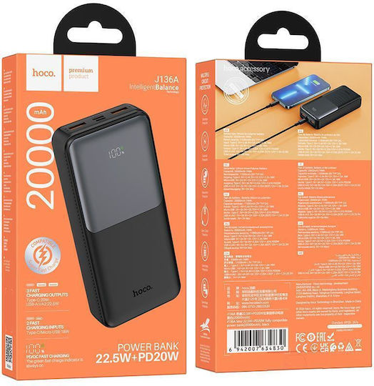 Hoco J136A Power Bank 20000mAh 22.5W with 2 USB-A Ports and USB-C Port Black view 3
