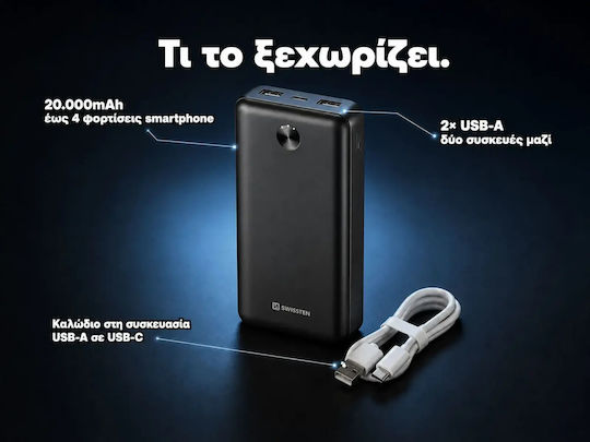 Swissten Power Bank 20000mAh 10.5W with 2 USB-A Ports and USB-C Port Black view 4