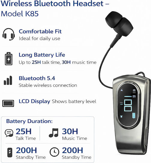 Takemore K85 In-ear Bluetooth Handsfree Headset Black – vizualizare 2