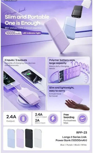 Remax RPP-23 Lango II Power Bank 10000mAh with USB-A Port and USB-C Port White vista 4