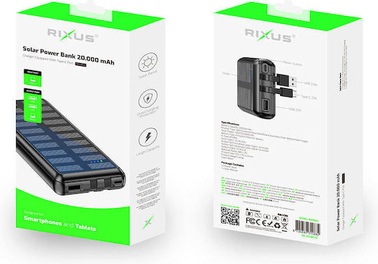 Rixus RXPB47 Solar Power Bank 20000mAh 10W with USB-A Port and USB-C Port Black vue 4