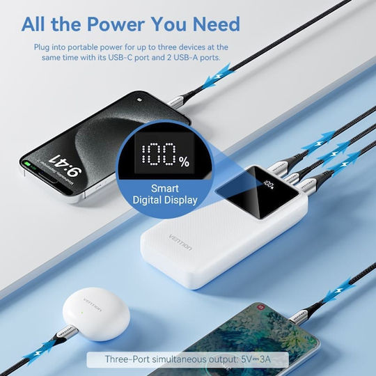 Vention FHLW0 Power Bank 20000mAh 22.5W with 2 USB-A Ports and USB-C Port White view 7