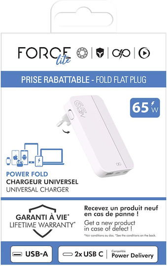 Force Power Power Bank 10000mAh 65W with USB-A Port and 2 USB-C Ports Power Delivery White view 4