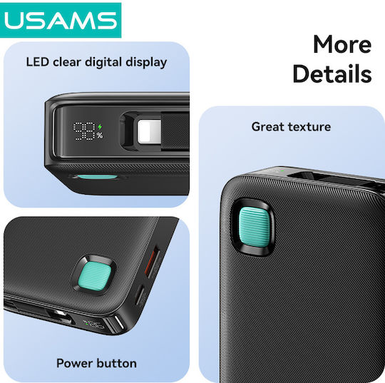 Usams CD225 Power Bank 10000mAh 20W with USB-A Port and USB-C Port Power Delivery White view 5