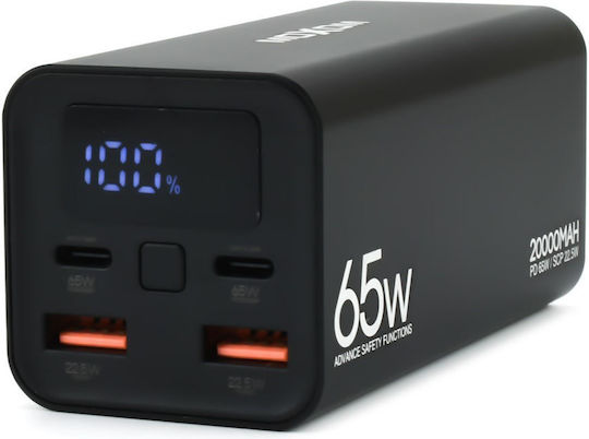 Moxom PB72 Power Bank 20000mAh 65W with 2 USB-A Ports and 2 USB-C Ports Power Delivery Black