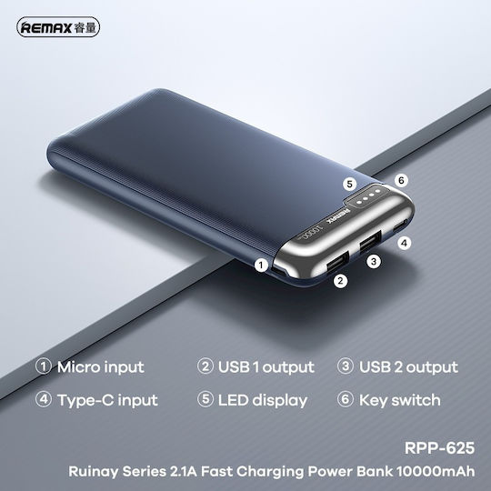 Remax RPP-625 Power Bank 10000mAh 15W with 2 USB-A Ports and USB-C Port Power Delivery Blue view 2