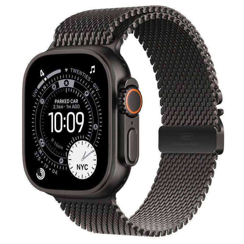 Apple Watch Ultra 3 Titanium 49mm Waterproof with eSIM and Heart Rate Monitor (Black Titanium Case with Black Titanium Milanese Loop - Large) view 1