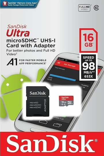 Sandisk Ultra microSDHC 16GB U1 A1 UHS-I 98MB/s with Adapter vue 2