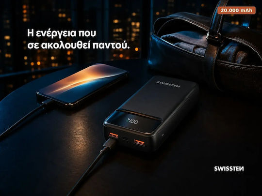 Swissten POWER LINE II Power Bank 20000mAh 22.5W with 2 USB-A Ports and USB-C Port Black view 2