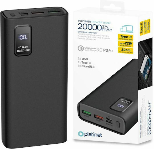 Platinet PL0412 Power Bank 20000mAh 22.5W with 2 USB-A Ports and USB-C Port Power Delivery / Quick Charge 3.0 Black view 3