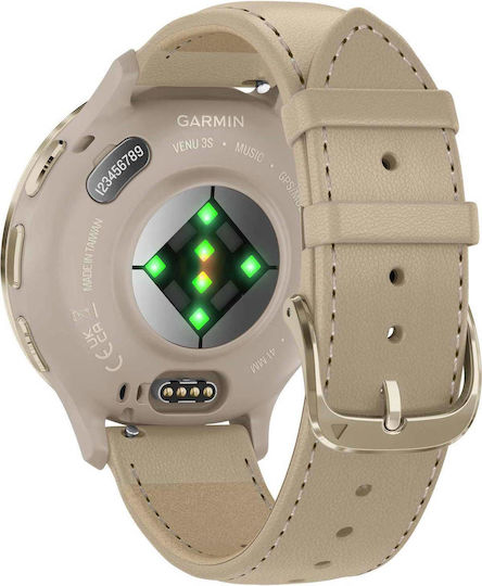 Garmin Venu 3S 41mm Waterproof Smartwatch with Heart Rate Monitor (Soft Gold Stainless Steel Bezel with French Gray Case and Leather Band) view 5