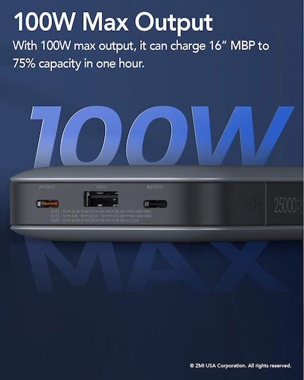 ZMI Qb826g Power Bank 25000mAh with USB-A Port and 2 USB-C Ports Power Delivery / Quick Charge 3.0 Gray view 5