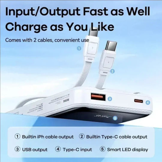 Remax Power Bank 10000mAh 22.5W with USB-A Port and USB-C Port White view 3