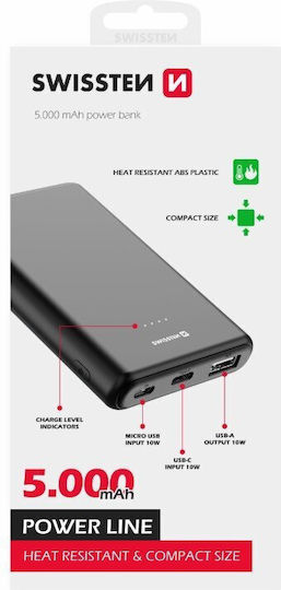 Swissten Power Bank 5000mAh 10W with USB-A Port and 2 USB-C Ports Black view 3
