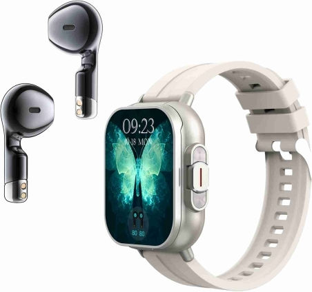 D8 2.01 Inch 2 In 1 Bluetooth Earphone Silicone Band Smart Watch Support Health Monitoring Nfc Beige