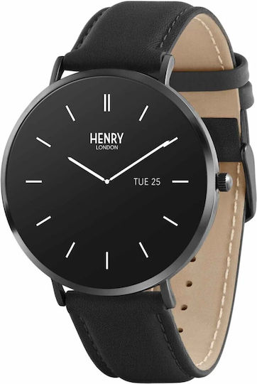 Henry London Smart Stainless Steel 43mm Smartwatch with Heart Rate Monitor (Black & Black Leather) view 1