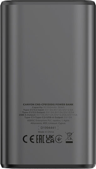 Canyon OnPower 130 10000mAh 30W with USB-A Port and 2 USB-C Ports Power Delivery Dark Gray vue 3