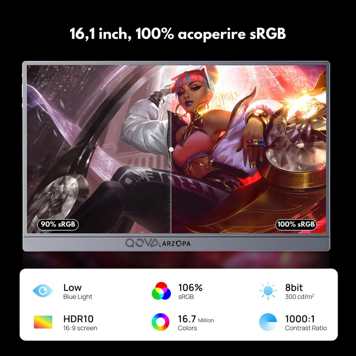 Qova Z1FC HDR Portable Monitor 16.1" FHD 1920x1080 144Hz Gray view 6