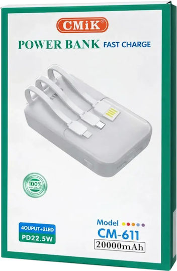 Cmik CM-611 Power Bank 20000mAh 22.5W with 2 USB-A Output Ports and USB-C Power Delivery Port White vue 2