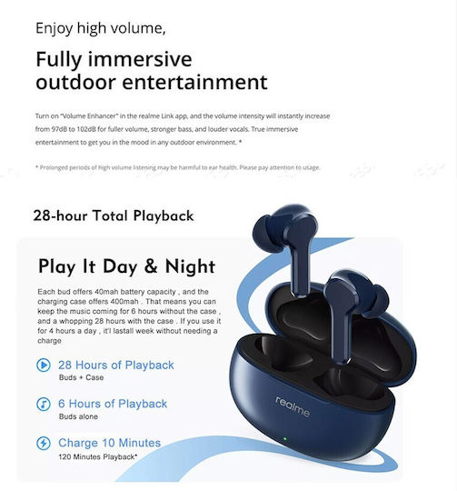 Realme Buds T100 Bluetooth Handsfree Earphones with Sweat Resistance and Charging Case Blue vue 6